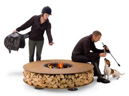 Rusted Steel Fire Features with Integrated Wood Storage