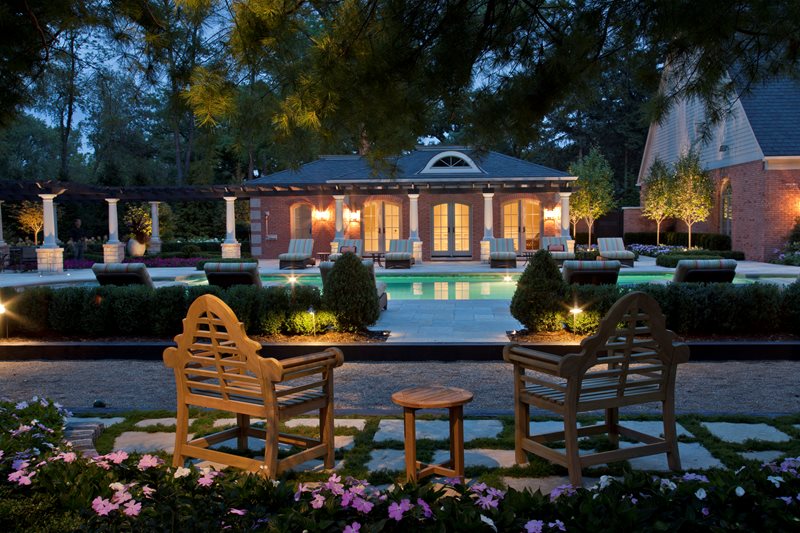 Brick Pool House, Roman Columns, Night Lighting
Lighting
Zaremba and Company Landscape
Clarkston, MI