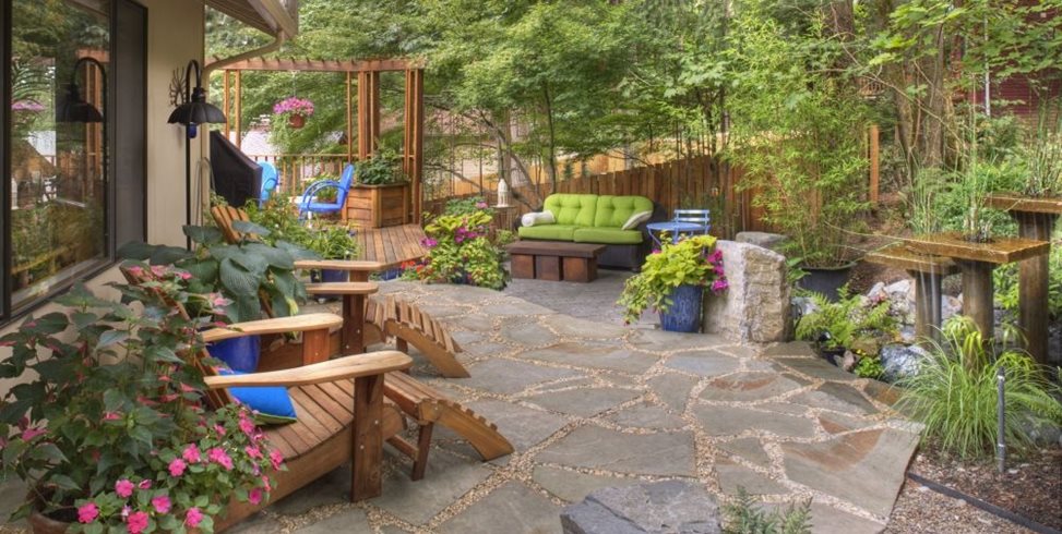 Rustic Garden, Container Plantings, Garden Decor, Adirondack Chairs, Flagstone, Water Feature
Gregg and Ellis Landscape Designs
Portland, OR