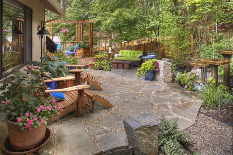 Rustic Garden, Container Plantings, Garden Decor, Adirondack Chairs, Flagstone, Water Feature
Backyard Landscaping
Gregg and Ellis Landscape Designs
Portland, OR