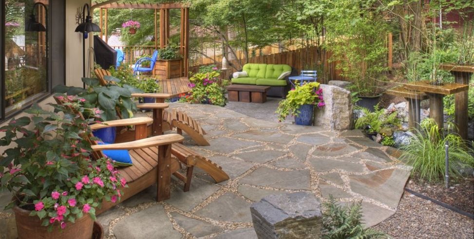 Rustic Garden, Container Plantings, Garden Decor, Adirondack Chairs, Flagstone, Water Feature
Backyard Landscaping
Gregg and Ellis Landscape Designs
Portland, OR