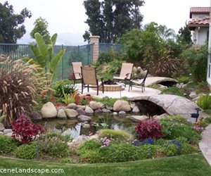 Backyard garden with pond and bridge